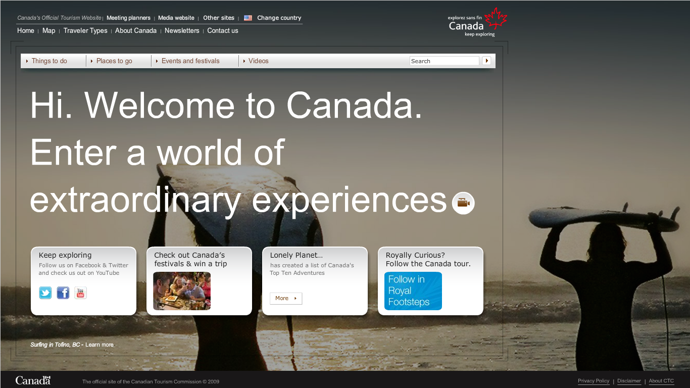Kanada Destinasyon Pazarlama Ofisi'nin hazırladığı Resmi Seyahat Sitesi